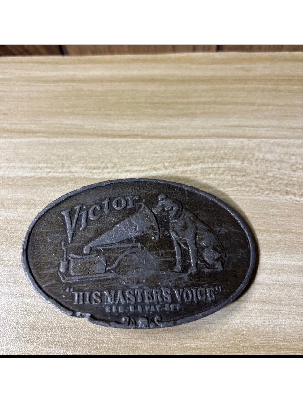 Vtg Brass Belt Buckle by Lewis Chicago - RCA Victor His Masters Voice Nipper Dog